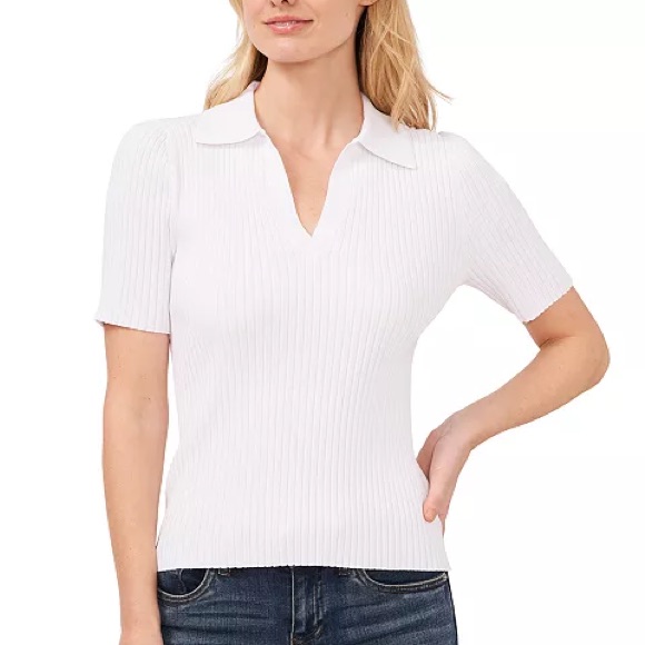 Cece Women's Short-Sleeve Rib-Knit Polo Sweater